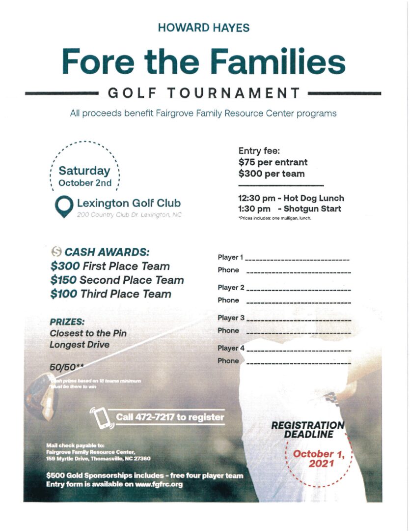 A flyer for fore the families golf tournament.